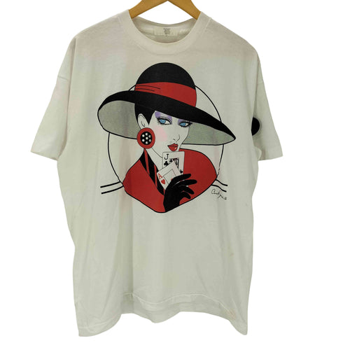 90S USA製 FACE IT ボディ ビーズ装飾 アーティスト カジノガール プリント S/S Tシャツ シングルステッチ メンズ