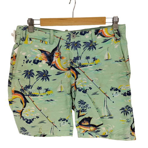 ラルフローレン RALPH LAUREN STRAIGHT FIT 麻 リネン混 総柄 マリン柄 カジキマグロ ヤシの木 アロハ ショート パンツ メンズ US:32-33