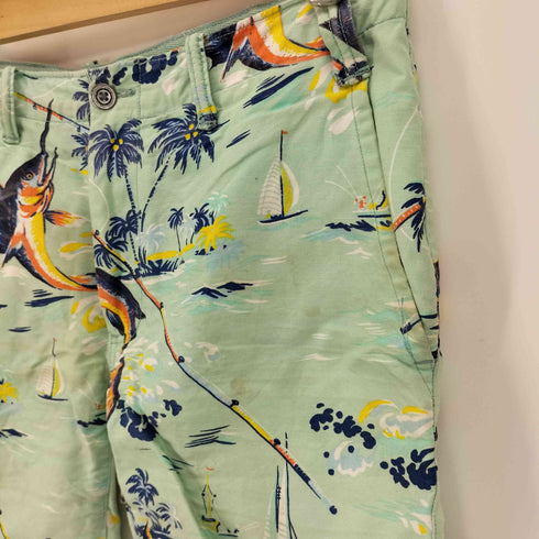 ラルフローレン RALPH LAUREN STRAIGHT FIT 麻 リネン混 総柄 マリン柄 カジキマグロ ヤシの木 アロハ ショート パンツ メンズ US:32-33
