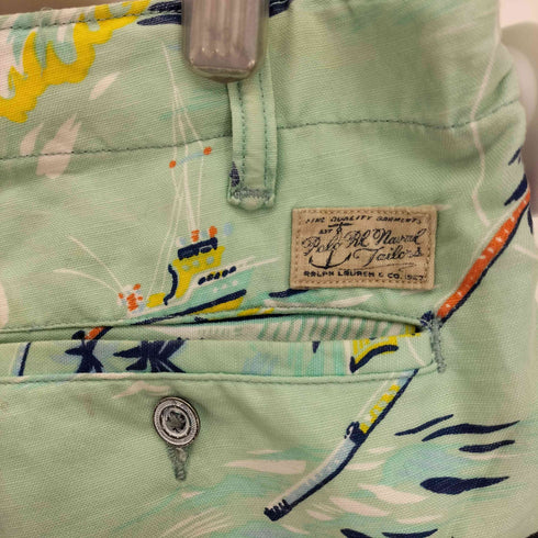 ラルフローレン RALPH LAUREN STRAIGHT FIT 麻 リネン混 総柄 マリン柄 カジキマグロ ヤシの木 アロハ ショート パンツ メンズ US:32-33