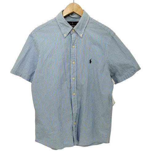 ラルフローレン RALPH LAUREN CLASSIC FIT ポニー刺繍 シアサッカー ストライプ ボタンダウン S/Sシャツ 半袖 メンズ import:M