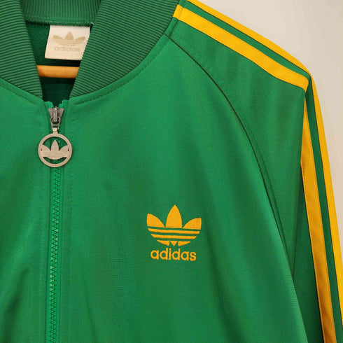 アディダス adidas 80-90s デサント製 トレフォイルロゴ刺繍 背面プリント 3ライン トラックジャケット メンズ M-L