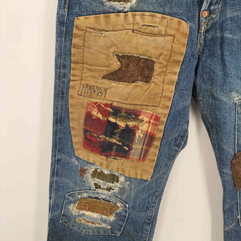 ダブルアールエルラルフローレン RRL RALPH LAUREN USA製 パッチワーク ダメージ リペア パッチワーク 加工 ボタンフライ セルビッチ ボルチモア デニム パンツ シンチバック メンズ 30x32