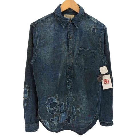 ダブルアールエルラルフローレン RRL RALPH LAUREN インディゴ 刺し子 ダメージ リペア パッチワーク 加工 プルオーバー マチ付き ワーク シャツ チンストラップ メンズ import:XS