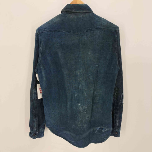 ダブルアールエルラルフローレン RRL RALPH LAUREN インディゴ 刺し子 ダメージ リペア パッチワーク 加工 プルオーバー マチ付き ワーク シャツ チンストラップ メンズ import:XS