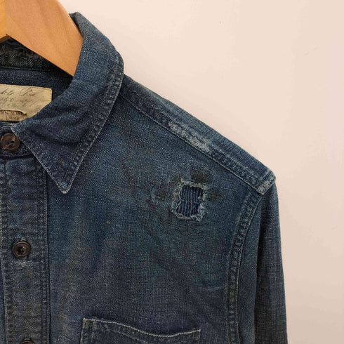 ダブルアールエルラルフローレン RRL RALPH LAUREN インディゴ 刺し子 ダメージ リペア パッチワーク 加工 プルオーバー マチ付き ワーク シャツ チンストラップ メンズ import:XS