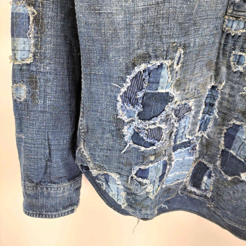 ダブルアールエルラルフローレン RRL RALPH LAUREN インディゴ 刺し子 ダメージ リペア パッチワーク 加工 プルオーバー マチ付き ワーク シャツ チンストラップ メンズ import:XS