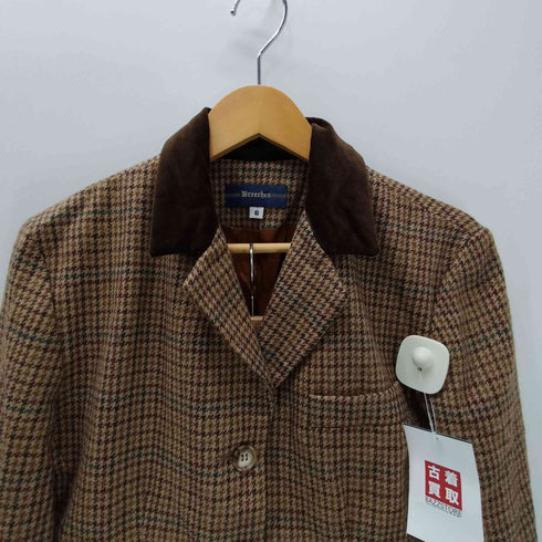 Breeches USA製 千鳥格子 チェック アルパカ ウール 襟ベロア 4B テーラード ジャケット 2タック スラックス パンツ スーツ セットアップ レディース 6