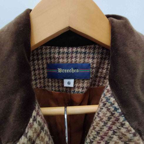 Breeches USA製 千鳥格子 チェック アルパカ ウール 襟ベロア 4B テーラード ジャケット 2タック スラックス パンツ スーツ セットアップ レディース 6