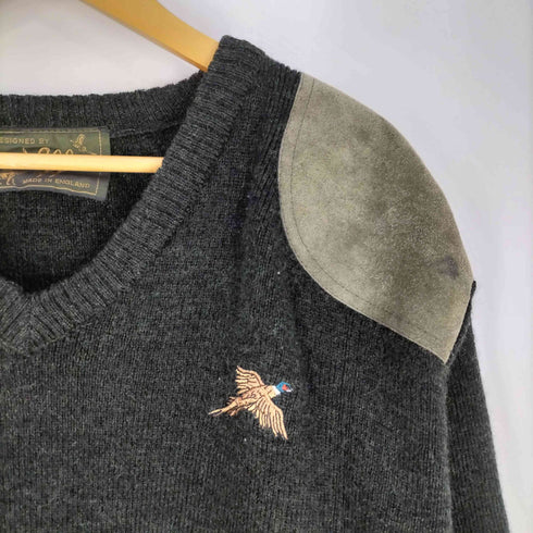 イングランド製 スエード切替 エルボーパッチ キジ刺繍 クルーネックニット メンズ