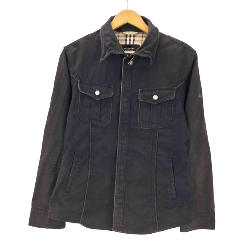 バーバリーブラックレーベル BURBERRY BLACK LABEL 00S 裏地 ノバチェック 袖 ロゴ 刺繍 ワイヤー 襟 チンスト付き コットン ワーク ウエスタン シャツ ジャケット 比翼 Y2K メンズ import:L
