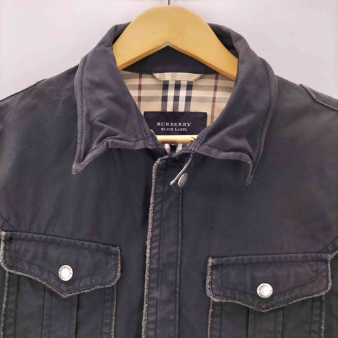 バーバリーブラックレーベル BURBERRY BLACK LABEL 00S 裏地 ノバチェック 袖 ロゴ 刺繍 ワイヤー 襟 チンスト付き コットン ワーク ウエスタン シャツ ジャケット 比翼 Y2K メンズ import:L
