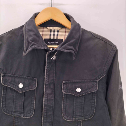 バーバリーブラックレーベル BURBERRY BLACK LABEL 00S 裏地 ノバチェック 袖 ロゴ 刺繍 ワイヤー 襟 チンスト付き コットン ワーク ウエスタン シャツ ジャケット 比翼 Y2K メンズ import:L
