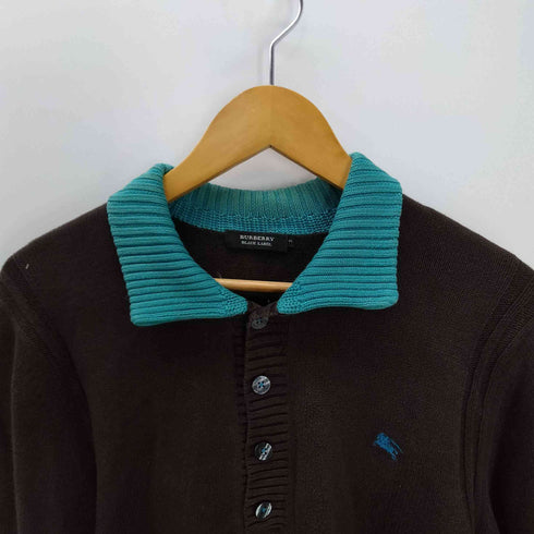 バーバリーブラックレーベル BURBERRY BLACK LABEL ロゴ 刺繍 L/S ローゲージ コットン ポロ ニット バイカラー 襟付き セーター メンズ 2