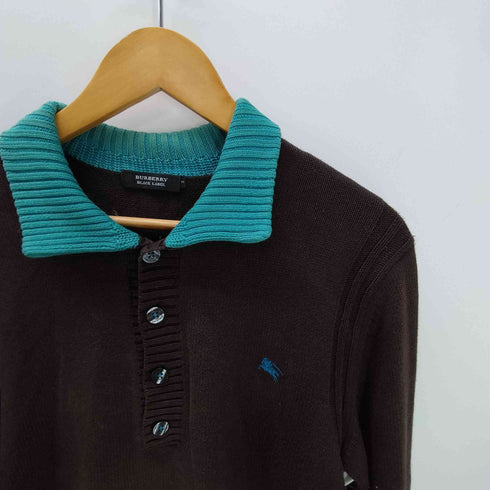 バーバリーブラックレーベル BURBERRY BLACK LABEL ロゴ 刺繍 L/S ローゲージ コットン ポロ ニット バイカラー 襟付き セーター メンズ 2