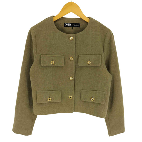 ザラ ZARA フラップクロップドジャケット ゴールドボタン ブレザー ツイードジャケット レディース import:M