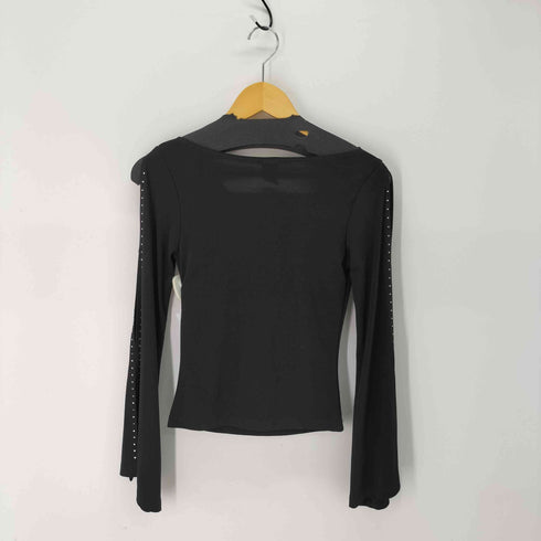 USA製 CHECK ラインストーン 袖スリット フレア カットソー Y2K レディース import:S