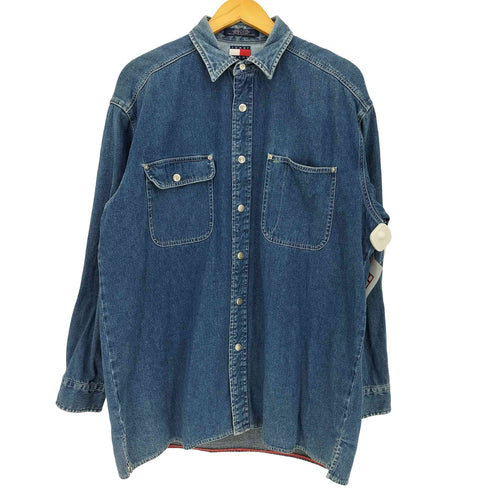 トミージーンズ tommy jeans 90s バックロゴワッペン ダブルポケット デニムシャツ メンズ import:L