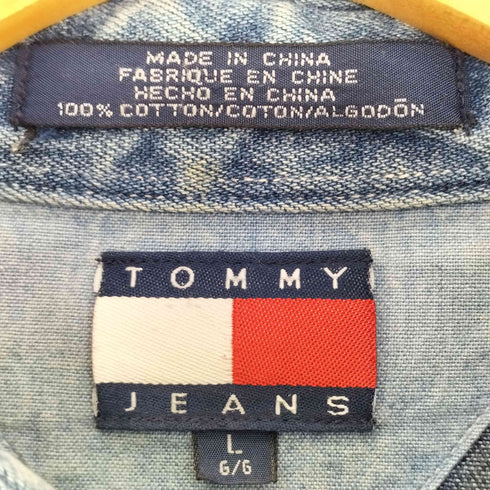 トミージーンズ tommy jeans 90s バックロゴワッペン ダブルポケット デニムシャツ メンズ import:L