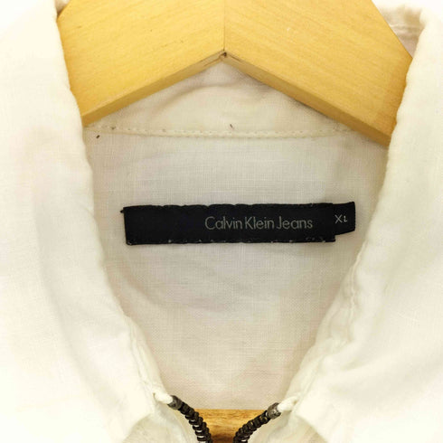 カルバンクラインジーンズ Calvin Klein Jeans リネン100 袖エンブレムワッペン ダブルジップ 半袖 シャツ メンズ import:XL
