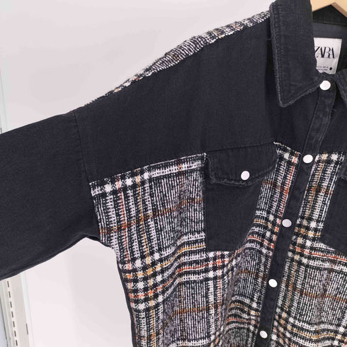 ザラ ZARA ニット切り替え 裾フリンジ デニム ジャケット レディース import:M