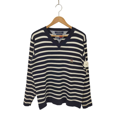 トミーヒルフィガー TOMMY HILFIGER 90S-00S ボーダー柄 vネック コットンニット メンズ JPN:L