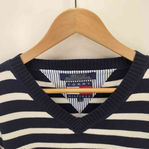 トミーヒルフィガー TOMMY HILFIGER 90S-00S ボーダー柄 vネック コットンニット メンズ JPN:L