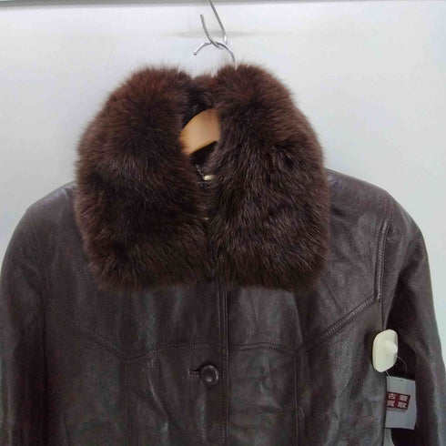 LAMB LEATHER & Real Fur Balmacaan Long Coat 羊革 ラムレザー 襟リアルファー バルマカーン ステンカラー ロング コート レディース 77