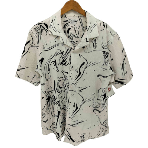 ザラ ZARA REGULAR FIT 総柄 オープンカラー S/S シアサッカー シャツ メンズ import:M