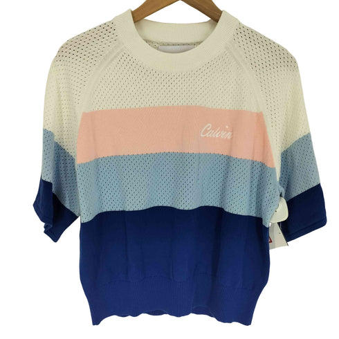 カルバンクラインジーンズ Calvin Klein Jeans ロゴ刺繍 マルチカラー S/S クルーネック ニットセーターL レディース import:L