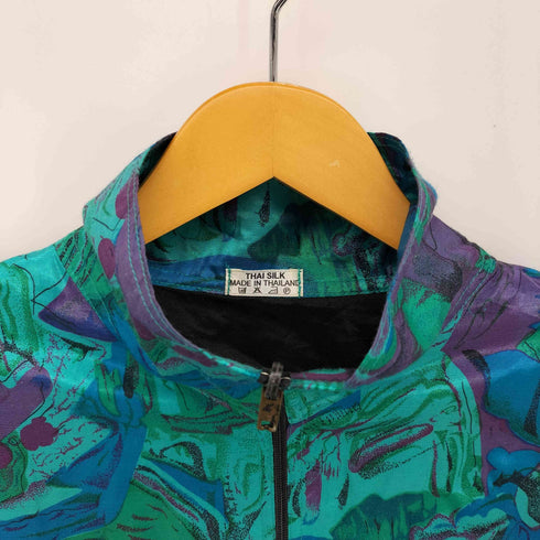 THAI SILK 総柄 シルク ジップアップ ブルゾン レディース