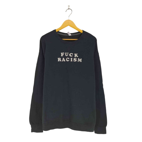 フルーツオブザルーム FRUIT OF THE LOOM FUCK RACISM 前Vガゼット ラメプリントクルーネックスウェット メンズ XL