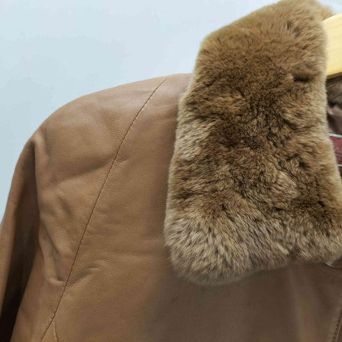 LAMB LEATHER & Real Fur Balmacaan Long Coat 羊革 ラムレザー 襟リアルファー バルマカーン ステンカラー ロング コート キャメル レディース 9