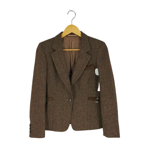 バーバリーズ BURBERRYS イングランド製 パネルレザー アジャスター ヘリンボーン ウール1Bテーラードジャケット レディース