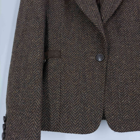 バーバリーズ BURBERRYS イングランド製 パネルレザー アジャスター ヘリンボーン ウール1Bテーラードジャケット レディース