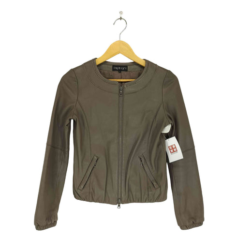 インディヴィ INDIVI lamb leather ラムレザー ノーカラーレザージャケット レディース 36