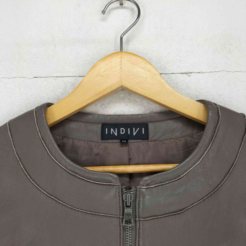 インディヴィ INDIVI lamb leather ラムレザー ノーカラーレザージャケット レディース 36