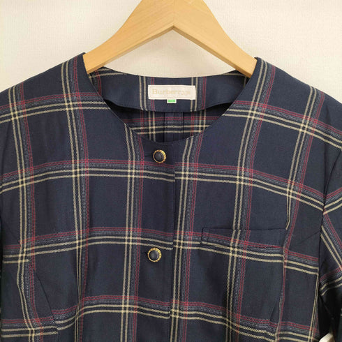 バーバリーズ BURBERRYS 90S ウールシルク混 チェック ノーカラージャケット レディース 9R
