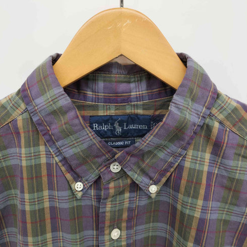 ラルフローレン RALPH LAUREN 90S CLASSIC FIT 同色 ポニー 刺繍 マドラス チェック L/S ボタンダウン シャツ メンズ import:XL
