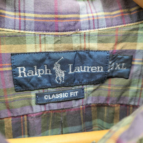 ラルフローレン RALPH LAUREN 90S CLASSIC FIT 同色 ポニー 刺繍 マドラス チェック L/S ボタンダウン シャツ メンズ import:XL