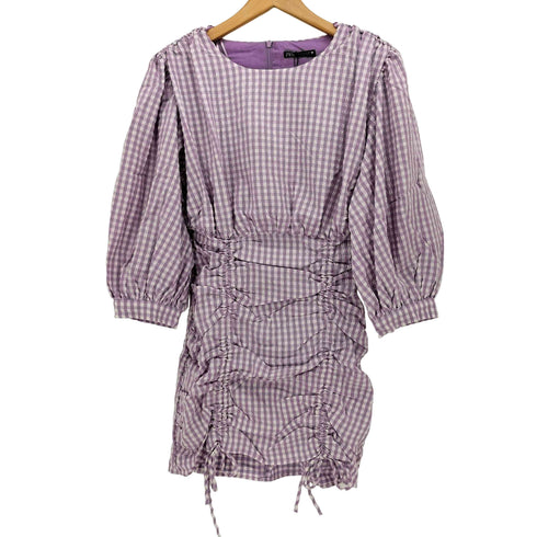 ザラ ZARA MINI GINGHAM CHECK DRESS PUFF SLEEVES LIGHT MAUVE ミニ ワンピース レディース import:M