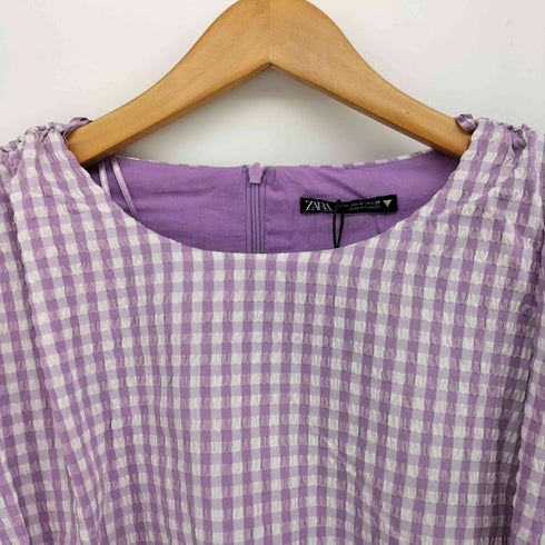 ザラ ZARA MINI GINGHAM CHECK DRESS PUFF SLEEVES LIGHT MAUVE ミニ ワンピース レディース import:M