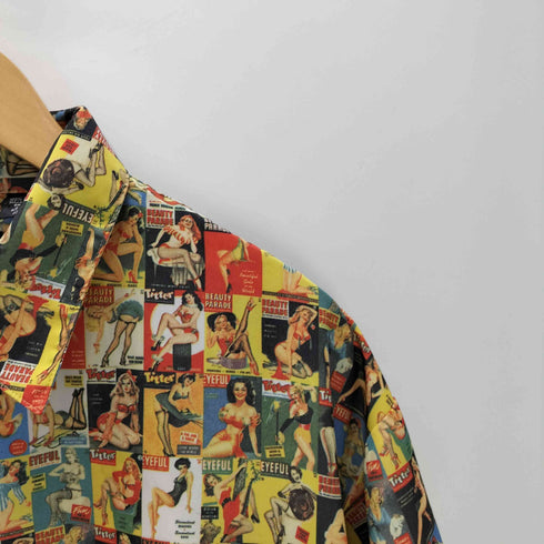 dragonfly コミック アメコミ 総柄 開襟オープンカラー ポリ シャツ メンズ import:XL