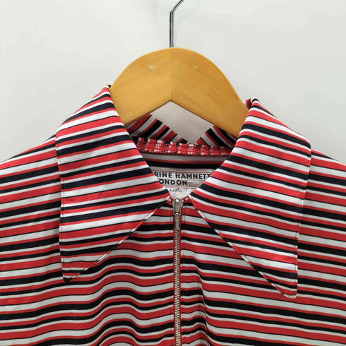 キャサリンハムネットロンドン KATHARINE HAMNETT LONDON デカ襟 ボーダー ポリ ストレッチ ハーフジップ S/S シャツ メンズ import:M