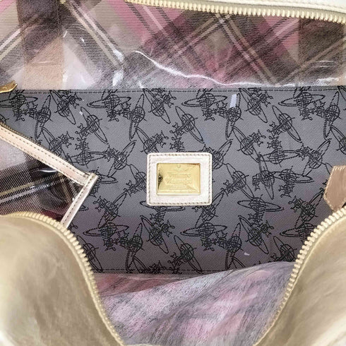 ヴィヴィアンウエストウッド Vivienne Westwood タータンチェック ラメ ミニポーチ付 エナメル PVC ボストンバッグ レディース