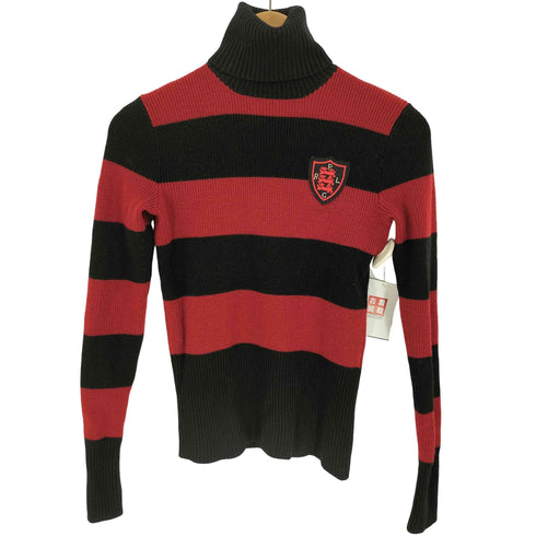 ラルフローレン RALPH LAUREN カシミヤ混 ウール ボーダー プルオーバー ニット タートルネック エンブレム ワッペン レディース import:M