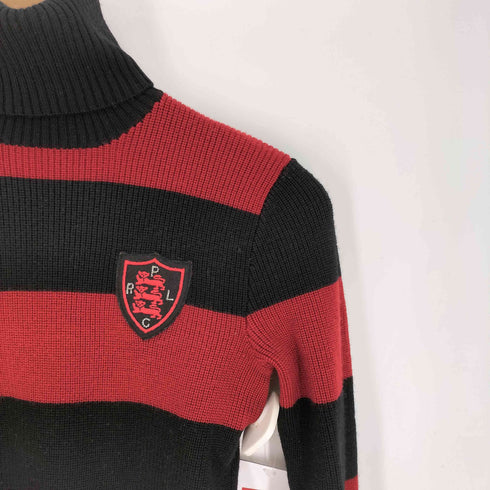 ラルフローレン RALPH LAUREN カシミヤ混 ウール ボーダー プルオーバー ニット タートルネック エンブレム ワッペン レディース import:M
