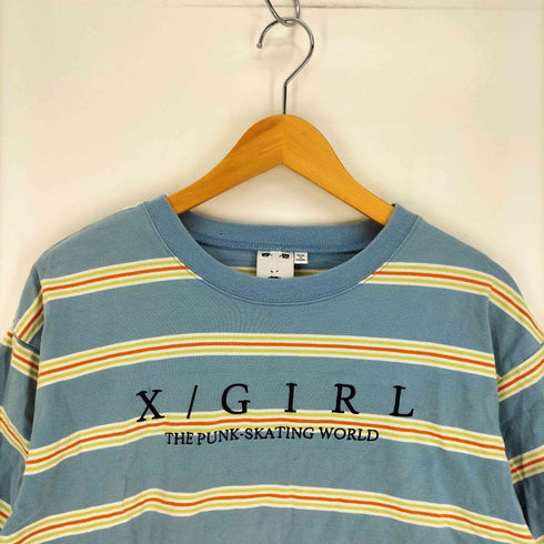 エックスガール X-girl フロント ロゴ刺繍 マルチボーダー S/S クルーネック Tシャツ レディース import:S