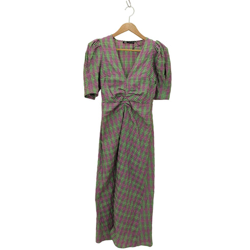 ザラ ZARA CHECK PRINT DRESS パフスリーブ Vネック ロングワンピース ドレス レディース import:XS