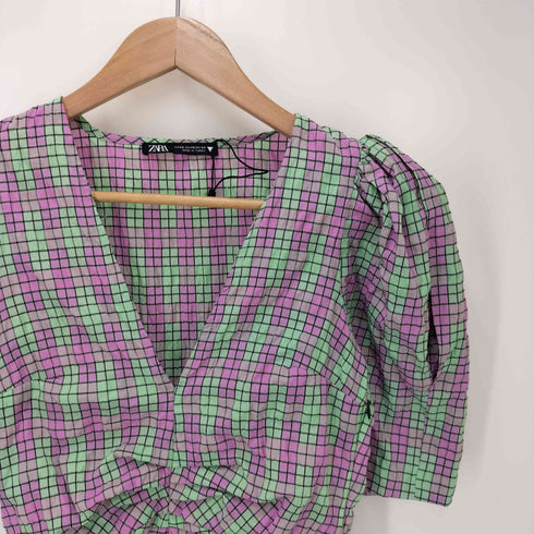 ザラ ZARA CHECK PRINT DRESS パフスリーブ Vネック ロングワンピース ドレス レディース import:XS